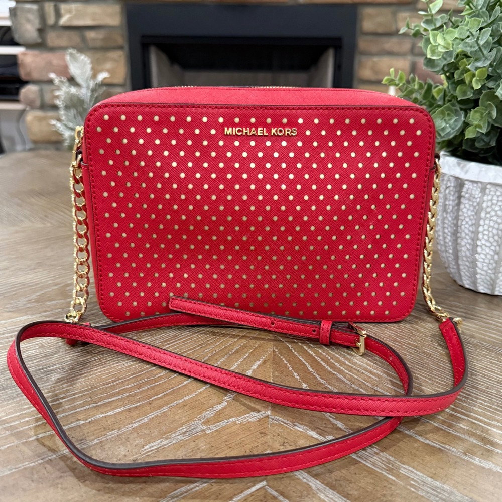Michael Kors Ginny Medium Red Perforated Leather Crossbody‎ Gold Chain